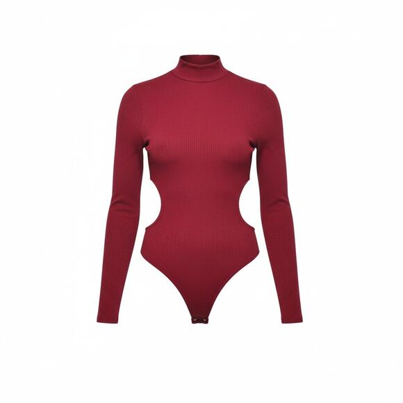 Lulus Wine- Red Ribbed Cut-Out Mock Neck Bodysuit Size XS - Picture 2 of 8